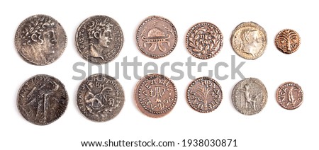 Six Ancient Roman and Jewish Coin Replicas Isolated on a White Background