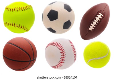 Six Assorted Sports Balls Over A White Background.