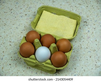Six chicken eggs in a green egg box, close-up.