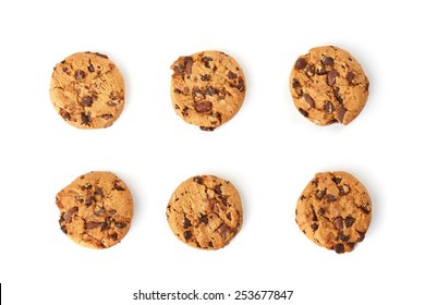 Six Chocolate Cookies On White Background Top View