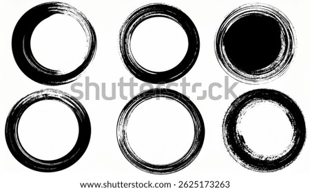 Six circular brush stroke frames in black ink. Various styles filled, outlined, and partially filled. Grunge texture. Abstract art.