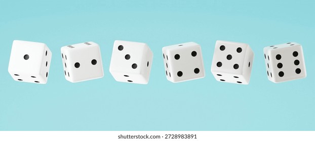 Six consecutive floating dice in a row on Celeste background. 6 White dices in a line. 3D floating dices.