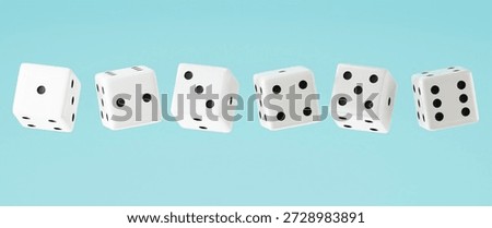 Six consecutive floating dice in a row on Celeste background. 6 White dices in a line. 3D floating dices.