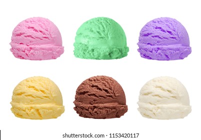 Sechs verschiedene Geschmack- und Farbeisscoops einzeln auf weißem Hintergrund. Erdbeereisschaufel. Vanilla Eis Scoop, Schokoladeneis Scoop.