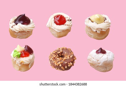 Six donuts on the side view. mini doughnut isolate on pink background  - Shutterstock ID 1844382688