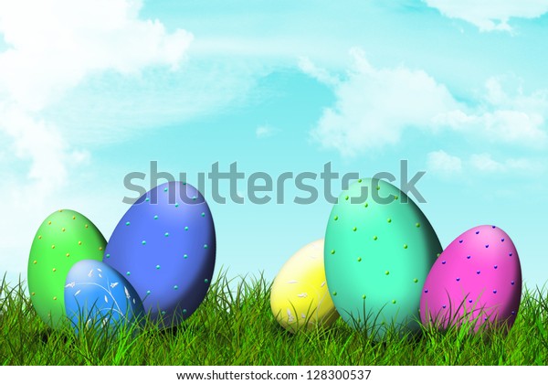 Six Easter Eggs Field Mint Blue Stock Photo Edit Now 128300537
