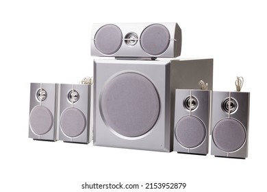 Six elements of the surround sound system. Isolated over white background. Close-up.