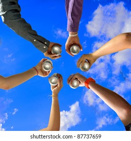 Six Friends Cheers With Beer Cans At Summer Party