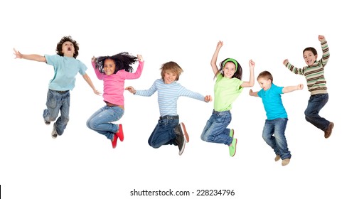 Six Funny Children Jumping Isolated On A White Background