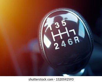 Six gear shift. Manual transmission gear of car, car interior