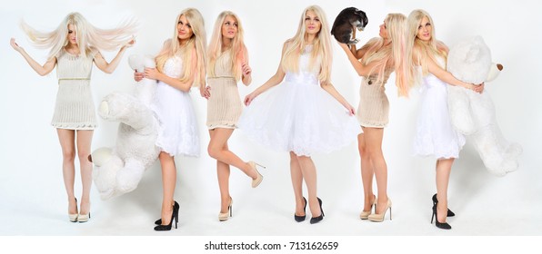 Six gilrs pose with big toy bear, bunny on white, Collage (one model)