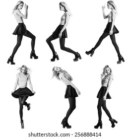 Six Image Of The Same Fashion Model In Different Poses. Studio Shot