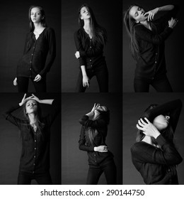 Six Image Of The Same Fashion Model In Different Poses. Studio Shot