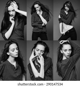 Six Image Of The Same Fashion Model In Different Poses. Studio Shot