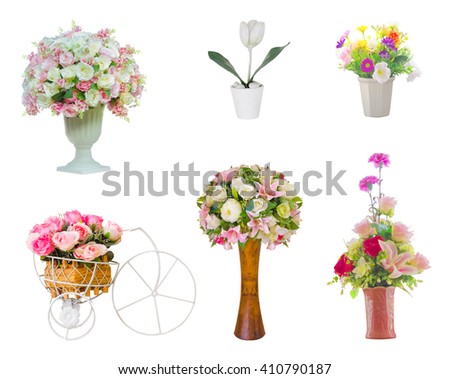 six isolated Artificial flower vases with clipping path on white background