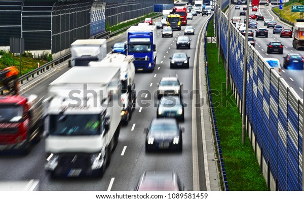Six lane controlled-access highway in Warsaw,
Poland during rush hour
