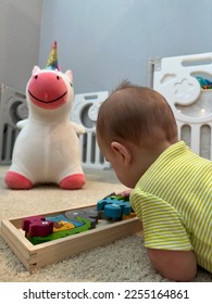 Six month old baby playing with wooden blocks on carpet, near a stuffed unicorn. - Shutterstock ID 2255164861