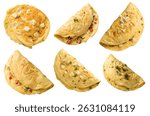 Six omelets are displayed with different toppings and fillings, including cheese, peppers, and herbs, presenting a variety of breakfast options against a white background.