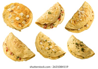 Seis tortillas se muestran con diferentes aderezos y rellenos, incluyendo queso, pimientos y hierbas, presentando una variedad de opciones de desayuno contra un fondo blanco.