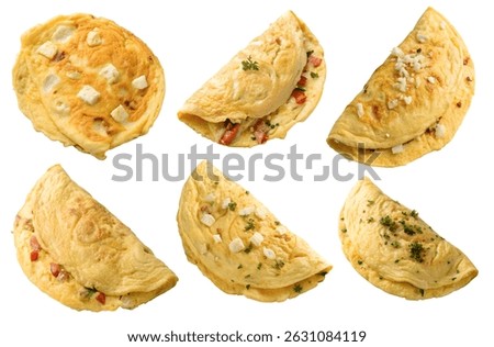 Six omelets are displayed with different toppings and fillings, including cheese, peppers, and herbs, presenting a variety of breakfast options against a white background.