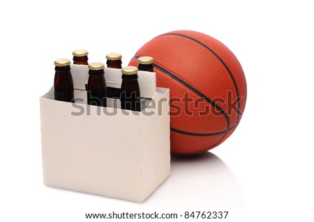 Six pack of  beer bottles with a basketball on a white background. 
