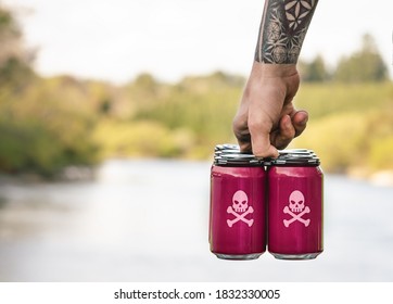 Six Pack Of Beer Cans With Poison Symbol On It. Alcohol Awareness Concept.