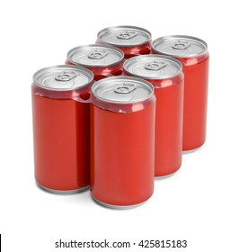 Six Pack Of Red Soda Cans With Copy Space Isolated On White Background.