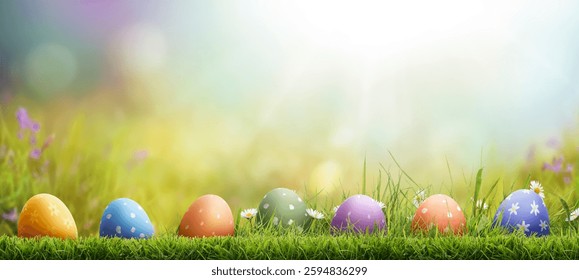 Six painted easter eggs celebrating a Happy Easter on a spring day with a green grass meadow, bright sunlight and a warm colour background with copy space.