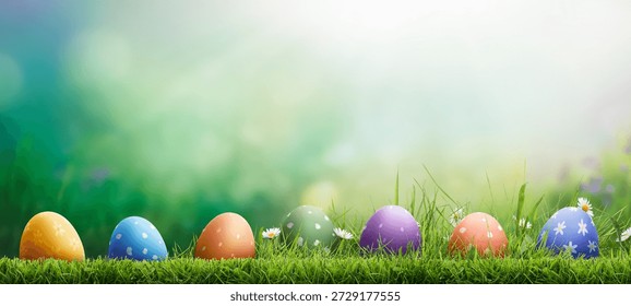 Six painted easter eggs celebrating a Happy Easter on a spring day with a green grass meadow, bright sunlight and a cool colour background with copy space.