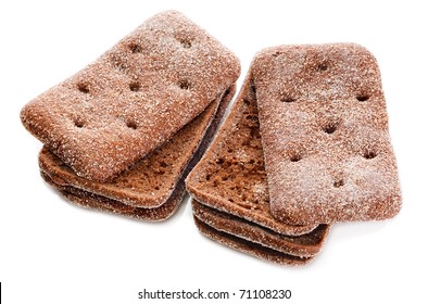 Six Pieces Of Black Rye Bread Square Isolated On A White Background