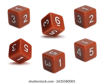 Six red hexagonal cubes with figures on it's faces isolated on white background