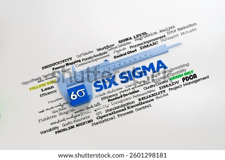 Six Sigma Word Cloud Featuring a caliper measuring wooden block labeled 6-sigma