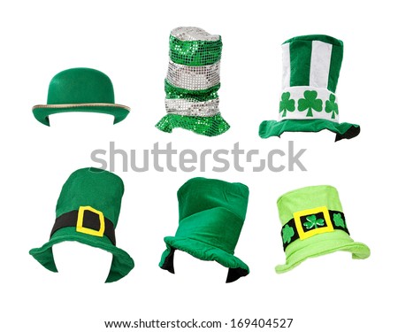 Six St. Patrick's Day hats isolated on white for easy extraction. Images were taken on a model head for proper perspective and easy placement on your subject. 