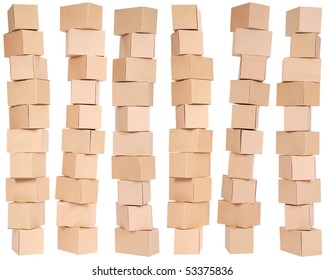 Six Stacked  Cardboard Boxes On White Background