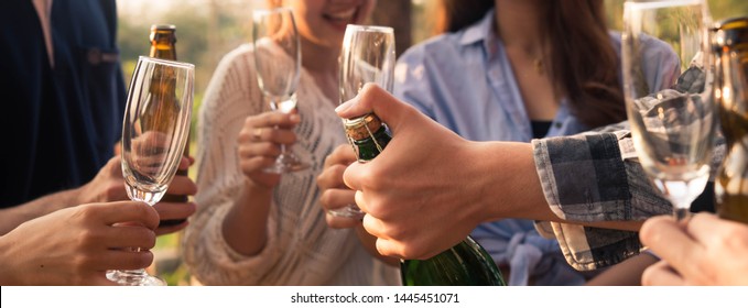 Six Teenage People Open Champagne For Celebrate