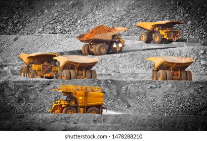 Six Trucks In A Busy Modern Gold Mine In Kalgoorlie, Western Australia. Spot Color. One Water Truck And Five Large Haul Truck Transport Gold Ore From The Super Pit, Open Cast Mine. - All Logos Removed