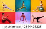 Six women engage in different workout routines, showcasing yoga, strength training, and stability ball exercises in vibrant, colorful settings. Each pose highlights fitness and wellness.