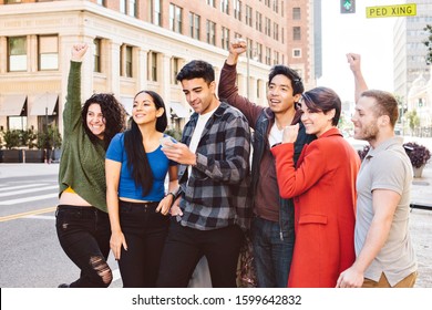 Six Young Friends Await An Uber Ride Share In The City And Feel Happy When They See It Arrive - During The Day With Smiles And Happyc