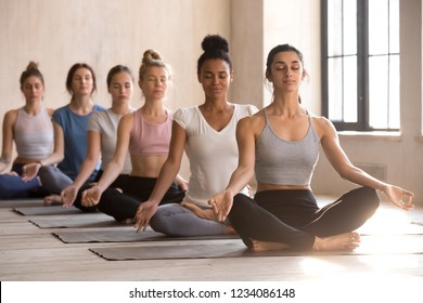 Six young multi-ethnic diverse attractive women sitting in row in lotus position or Padmasana meditate practising yoga together during session. Group training healthy lifestyle and wellness concept - Shutterstock ID 1234086148
