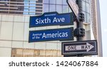 Sixfth ave Broadway street sign, Manhattan New York downtown. Blue signs on blur buildings facade background, Avenue of the Americas