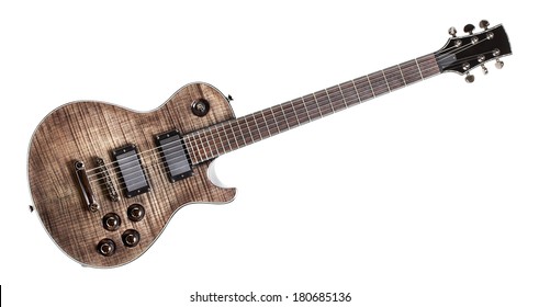 six-string black electric guitar, isolated on white