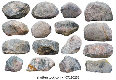 Sixteen big granite stones boulders various forms   sizes set  Isolated white collage from several outdoor photos