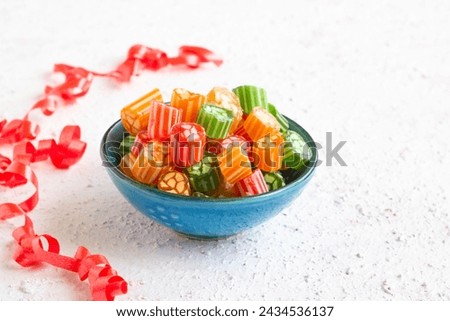 A sixteenth-century flavor Traditional Turkish Hard Colorful Candy is Akide in blue ceramic bowl