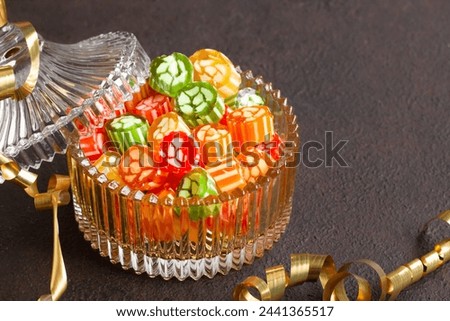 A sixteenth-century flavor Traditional Turkish Hard Colorful Candy is Akide in glass bowl with copy space