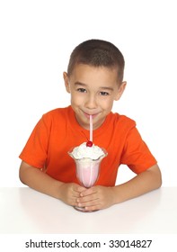 Six-year-old Boy Drinking Milk Shake, On White Background