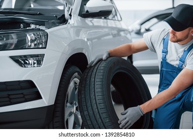 Size Comparison. Mechanic Holding A Tire At The Repair Garage. Replacement Of Winter And Summer Tires.