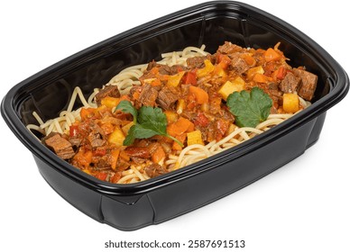 A sizeable black plastic container that is filled to the brim with delicious spaghetti accompanied by a rich meat sauce for flavor