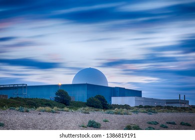 Sizewell, Suffolk, England, Britain, July 2017, Sizewell B nuclear power station with long exposure showing cloud movement and sunrise colours
