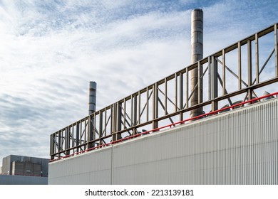 Sizewell, Suffolk, UK - Circa October 2022: Close-up View Of Twin Ventilation Ducts Seen On A Metal Clad Complex Attached To The PWR Nuclear Power Station At Sizewell-B Electrical Generation Facility.