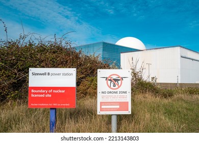 Sizewell, Suffolk, UK - Circa October 2022: Newly Installed No Drone Flying Sign Seen At The Perimeter Of The Sizewell-B PWR Nuclear Power Station. A Drone Exclusion Zone Is Enforce Around The Plant.